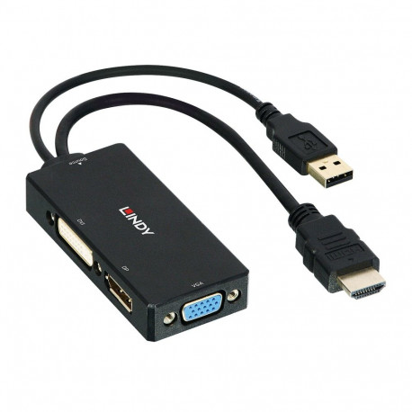 Adapter - LINDY HDMI to DisplayPort, DVI & VGA Converter, 4K@30Hz, 1920x1200@60Hz, Black