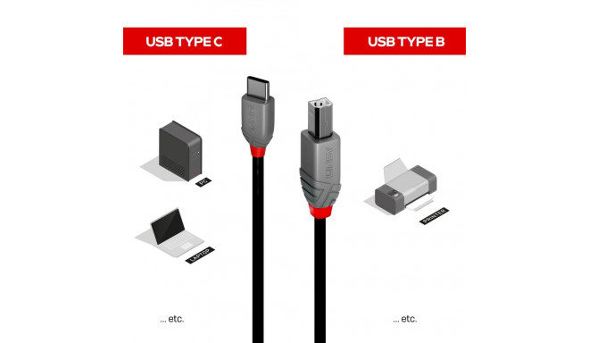 USB Cable - LINDY Anthra Line USB 2.0 Type C to B Cable, 2 m, Black