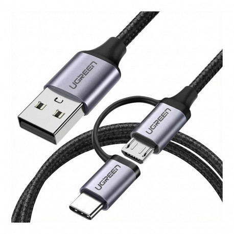"UGREEN USB-A to Micro USB + USB Type-C Cable 1m Black"