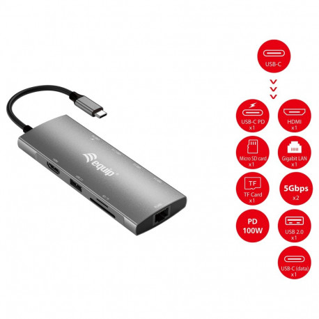 Equip dokkimisjaam USB-C->HDMI.GbE.USB2.0.3xUSB3.0.100WPD.+ 25cm hõbedane