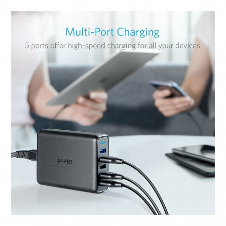 Anker PowerPort Speed 5 must 5-pordiga USB-A 63W laadija