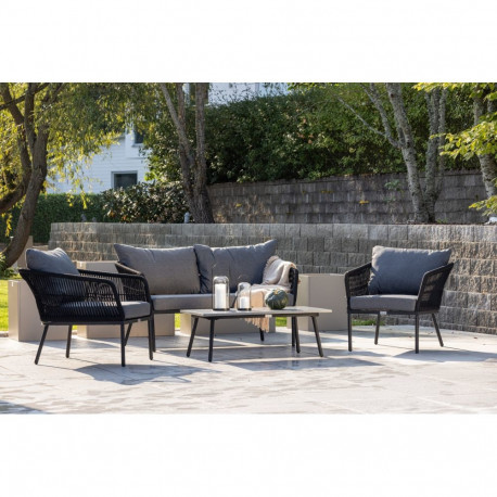 Aiamööbli komplekt LINDOS 2-kohaline diivan, laud ja 2 tooli, hall/must