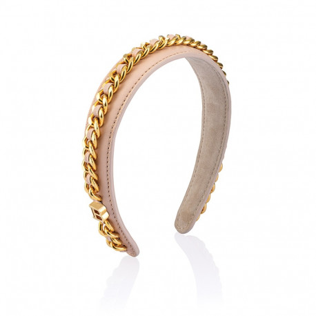 BALMAIN HAIR napa nahast kuldse ketiga roosa peavõru, L / Leather Chain Golden Headband Pink, L