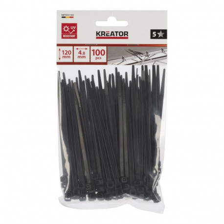 Black cable ties, KREATOR, KRTH41103, Length: 120 mm, Width: 4.8 mm, Temperature: -40 °C – 85 °C