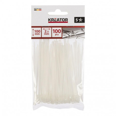 Cable ties white, Kreator, KRTH41001, 2.5x100mm, 100 pcs, -40°C to 85°C, 8 kg