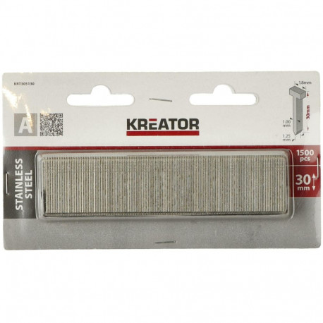 Nails type A 30mm stainless steel - 1500 pcs, KREATOR, KRT305130, Crown: 1.8 mm, Wire thickness: 1 m