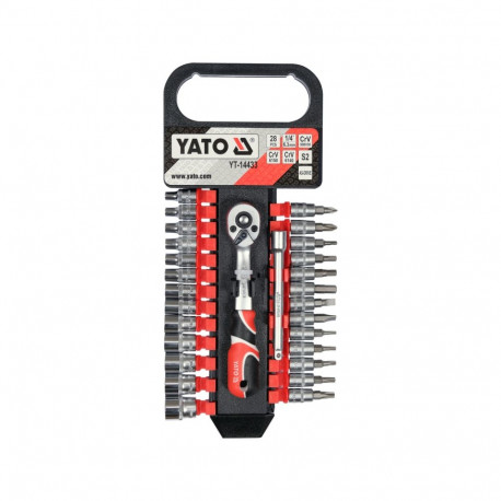 Yato socket set YT-14433, 1/4" 6.3mm, 28pcs, 72 teeth, AS-DRIVE, CrV, S2, for car services, industry