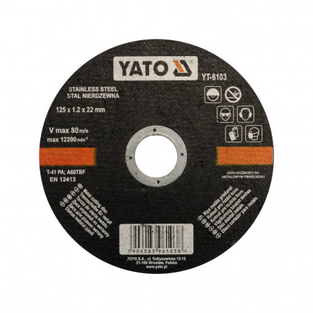 Yato YT-6103 INOX cutting disc, 125mm, 1.2mm, 22mm, 12200rpm, 80m/s, flat, for stainless steel