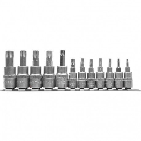Yato YT-04331 Bit socket set Torx 12pcs, 1/4" and 3/8", S2, CRV 6150, 58-62 HRC, nickel plated, chro