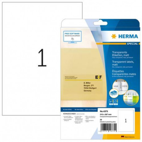 HERMA Labels transparent matt A4 210x297 mm film 25 pcs.