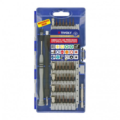 Tivoly täppisotsikute komplekt – 60-osaline S2 teras, 4 mm kuuskantvars, värvikoodiga hoidik, oksüde