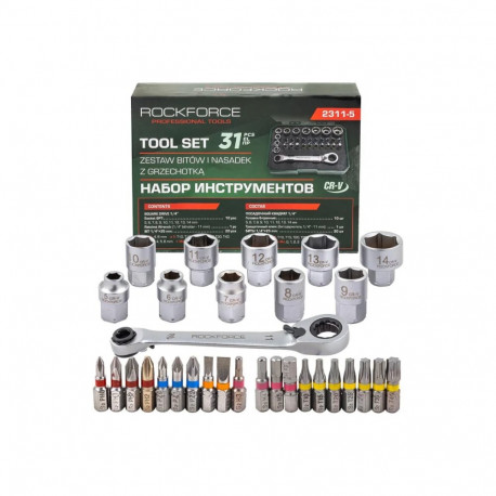 Tool Set 31 pcs 1/4", ROCKFORCE, RF-2311-5, chrome-vanadium alloy, 20 bits, compact case