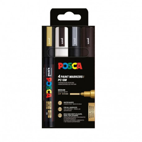 uni POSCA marker PC-5M, 1,8-2,5 mm, 4 tk: kuldne, valge, hõbedane, must