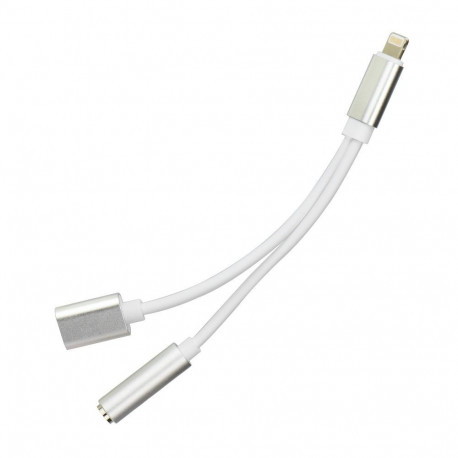 Adapter AUX 2in1 Lightning (male) to Lightning (female) / Jack 3,5 mm (female) silver