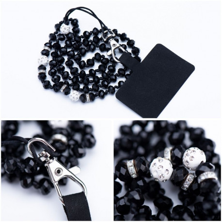 CRYSTAL DIAMOND Phone lanyard, Phone pendant / cord length 74cm (37cm in the loop) / on neck - black