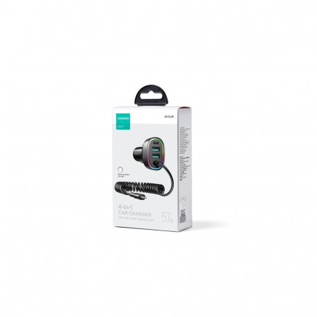 Joyroom Car Charger 4-in-1, C+C+U+U with Type-C Coiled Cable 1.6m, 57W, Black (JR-CL20)