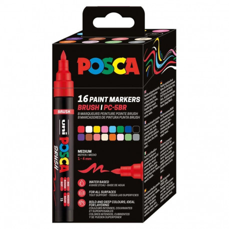 uni POSCA marker PC-5BR, pintselots, 16 värvi