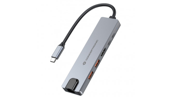 Conceptronic 6-1 dokkimisjaam USB-C->HDMI/2xUSB-A/USB-C/+ 25cm hõbedane