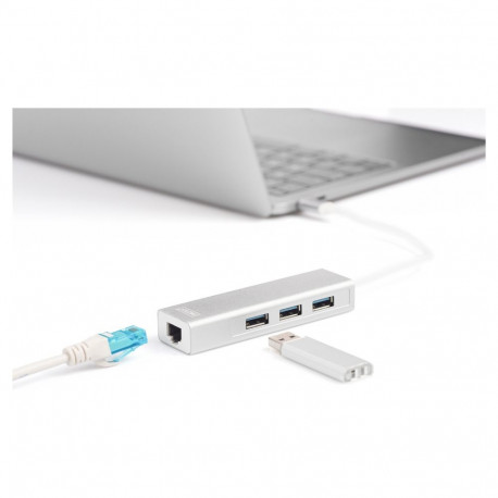 "DIGITUS USB Adapter USB3.0/C -> GB Ethernet+3-Port-Hub weiss"