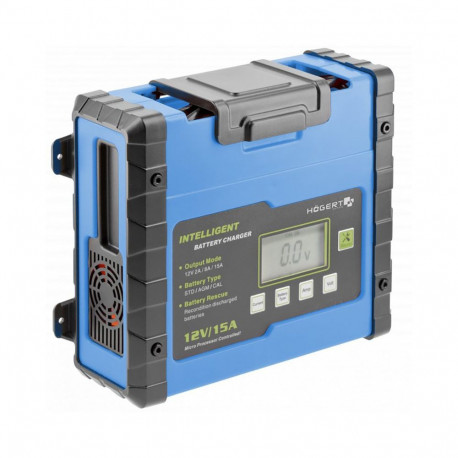 Hogert HT8G613 elektrooniline akulaadija, 12V, 2/8/15A, 15-300Ah, IP20, LCD-ekraan, 1m kaabel, lühis