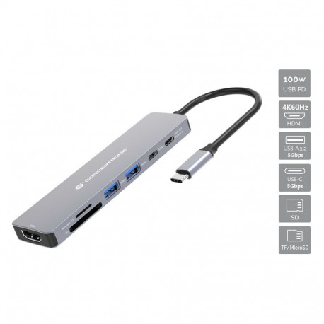 "CONCEPTRONIC 7-1 Dock USB-C->HDMI/USB-C/2xUSB-A/+ 25cm gr"
