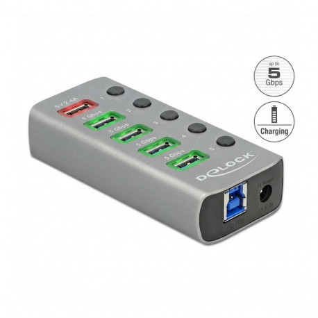 "DELOCK USB 3.2 Gen 1 Hub mit 4 Ports + 1 Schnellladeport mit Schalter und Beleuchtung"