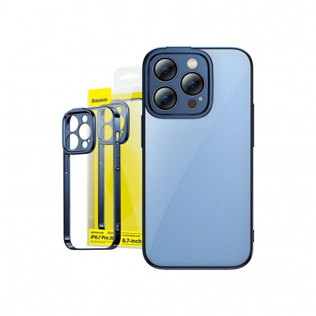 Baseus Glitter läbipaistev ümbris ja karastatud klaaskomplekt iPhone 14 Pro Max'ile (sinine)
