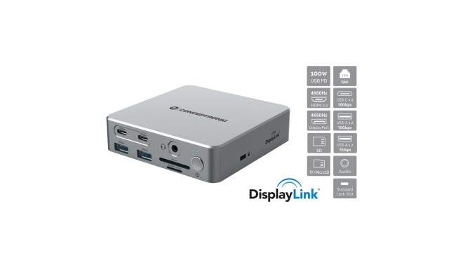 Conceptronic 15-1 dokkimisjaam USB-C->2xHDMI/2xUSB-C/4xUSB-A/+80W hõbedane
