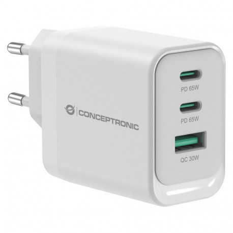 Conceptronic 3-pordiline GaN laadija 2xUSB-C/1xA 65W PD3.0/PPS valge