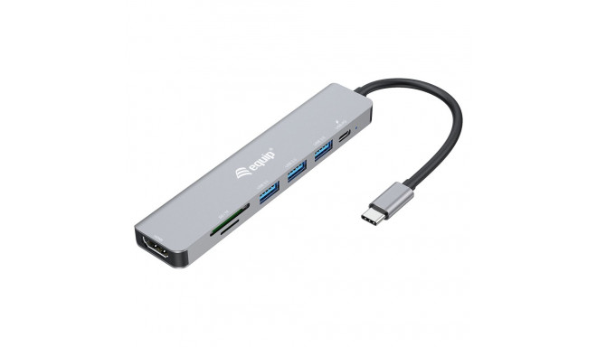Equip dokkimisjaam USB-C -> HDMI, 3x USB 3.0, SD/TF, 100W PD, 25 cm, hõbedane