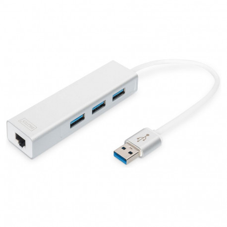 "DIGITUS USB-Hub 3-Port 3.0->3xA3.0 1xLAN integr. Kabel we"
