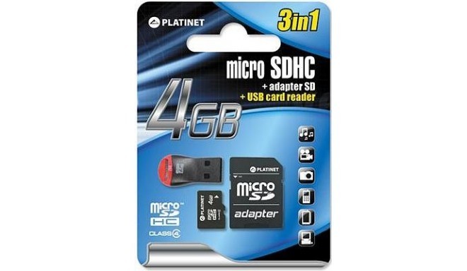 Platinet mälukaart microSDHC 4GB + kaardilugeja + adapter