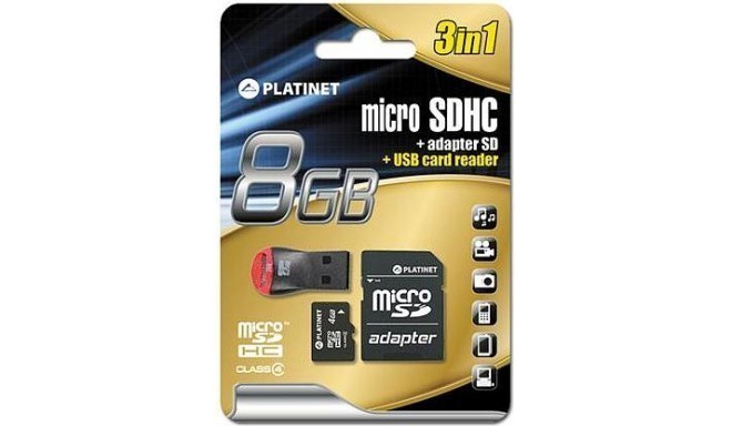 Platinet memory card microSDHC 8GB + adapter + card reader