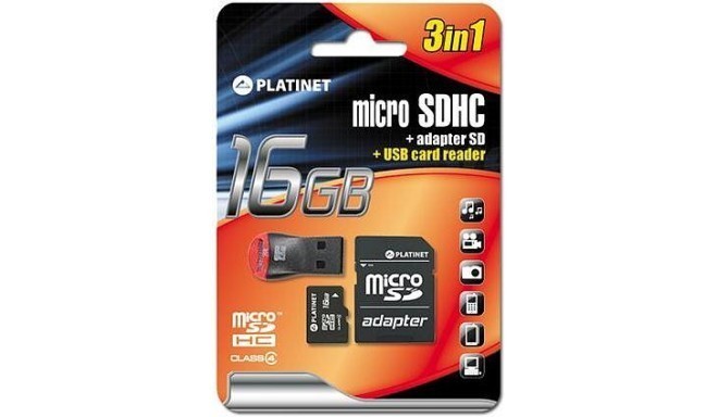 Platinet memory card microSDHC 16GB + adapter + card reader