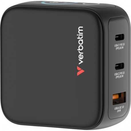 Verbatim mini GaN-laadija 30238 65W ekraaniga 2xUSB-C +1xA