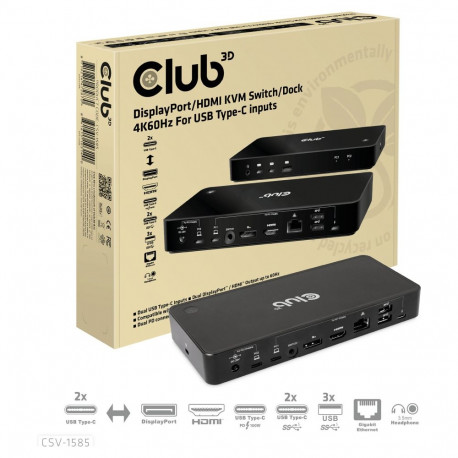 "Club3D KVM Switch 4K60Hz 2x USB-C> HDMI/DP/3xUSB/2xUSB-C/LAN"