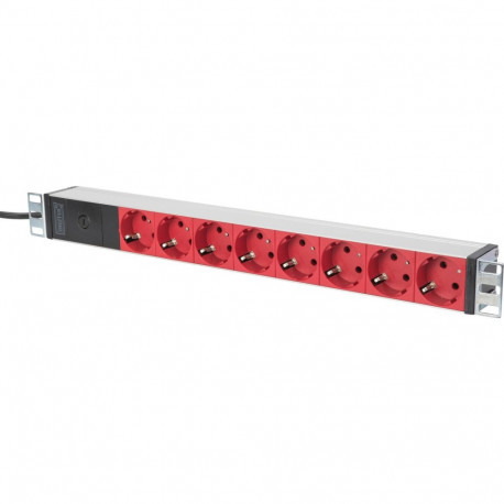 19" Steckdosenleiste mit Aluminiumprofil, 8-fach, 1HE (rot/aluminium, 2 Meter Kabel, IEC C14-Stecker