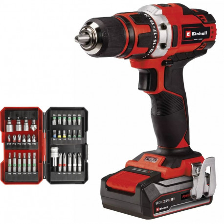 EINHELL Cordless Drill/Driver TE-CD 18/40 Li, 18 Volt red/black, 1x Li-Ion battery 2.5Ah, with 34-pi