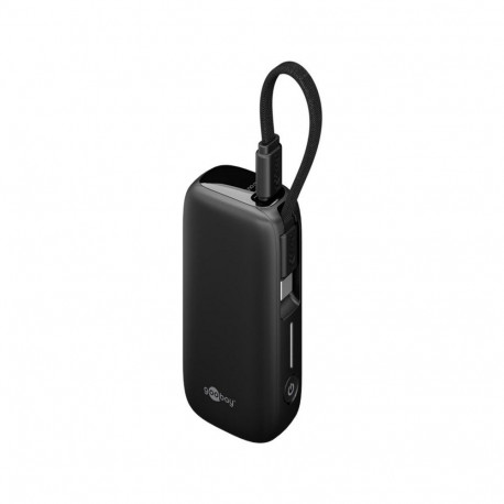 goobay power bank 5,000 mAh, integrated USB-C cable 13cm, 20 watt black, 5 Ah, 1x USB-A, 1x USB-C, P