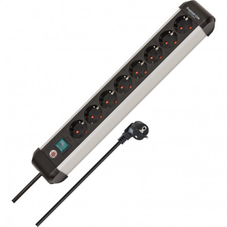 Premium-Alu-Line Steckdosenleiste 8-fach (schwarz/aluminium, 3 Meter Kabel, mit Sicherheitsschalter)