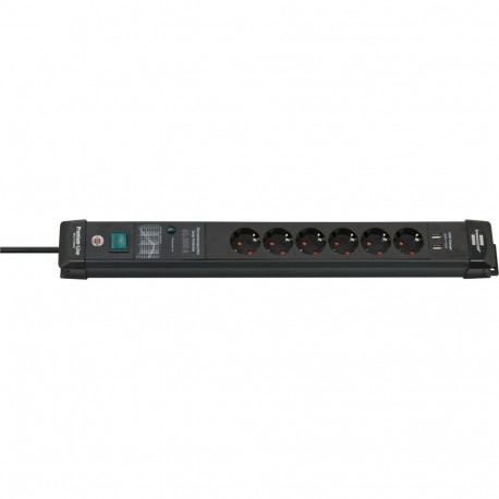 Premium-Line Steckdosenleiste 6-fach (schwarz, 3 Meter, 60.000A Überspannungsschutz, 2x USB-A)