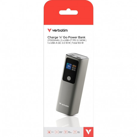 Verbatim Powerbank Charge 'n' Go 27,000mAh, 183 Watt gray, PD 3.1, Quick Charge 3.0
