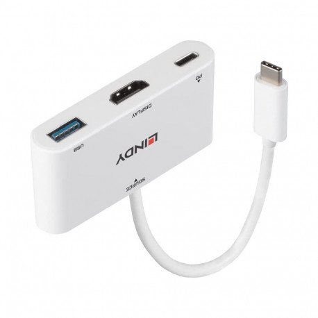 USB 3.2 Gen 1 Multiport-Hub, USB-C Stecker > USB-A + USB-C Buchse + HDMI-Buchse (weiß, 18cm, PD 3.0,