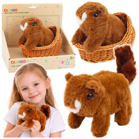 pruun interaktiivne plüüsorav korvis, liigub ja teeb hääli