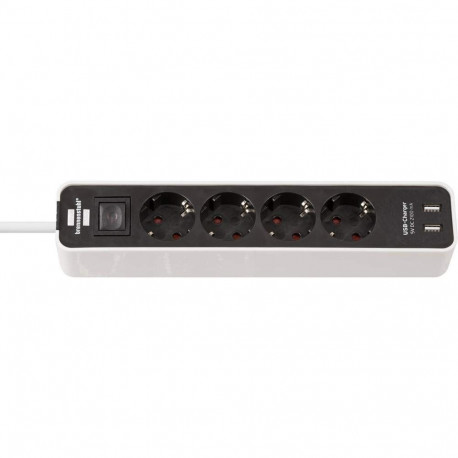 Ecolor pikendusjuhe 4-pesaline 2x USB-A 1,5 Meter kaabel turvalülitiga, valge/must