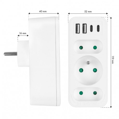 Power Strip - Maclean MCE248 3xAC 4xUSB 20W 16A EU Plug