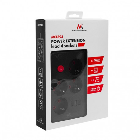 Power Extension Cord - Maclean MCE393 4-Socket 3xUSB 2500W 3m Black