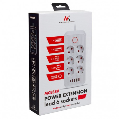 Power Strip - Maclean MCE389 6 Socket 4xUSB 2500W 1.5m White