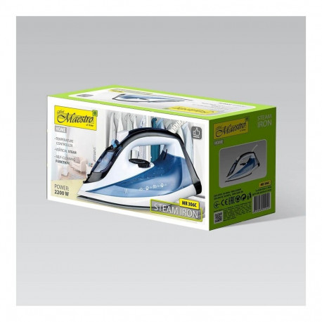 Iron - Maestro MR-306C 2200W Steam Iron, Ceramic Soleplate, 0.2L Water Tank, White/Blue