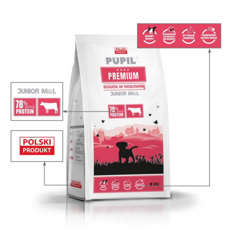 Dog Food - PUPIL Premium Junior Beef Dry Food for Medium and Large Breeds 12kg